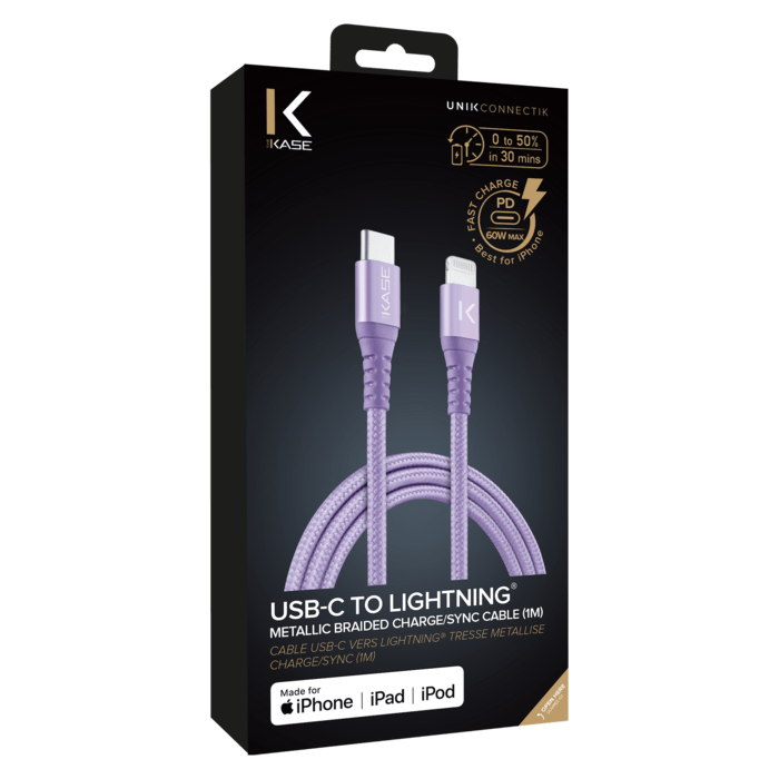 C&acirc;ble USB-C vers Lightning certifi&eacute; MFi Apple m&eacute;tallis&eacute; tress&eacute; Charge/sync (1M), Violet Lilas