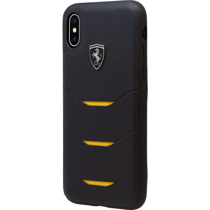 Ferrari Heritage Housse en cuir véritable pour Apple iPhone X / XS, bleu marine et jaune