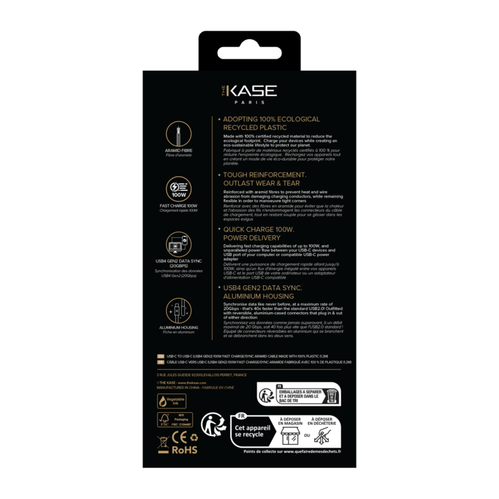 Câble USB-C vers USB-C (USB4 GEN2) 100W Fast Charge/Sync Aramide fabriqué avec 100 % de plastique (1,2M), Noir