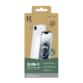 Pack combin&eacute; 3 en 1 (Coque hybride invisible, &Eacute;cran en verre tremp&eacute; de qualit&eacute; sup&eacute;rieure et Protecteur de l&rsquo;objectif de la cam&eacute;ra) pour Apple iPhone 16e/17e, Transparente
