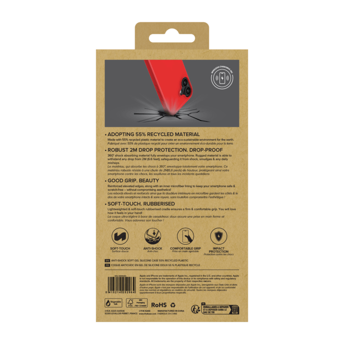 Coque antichoc en gel de silicone doux pour 55% de plastique recycl&eacute; Apple iPhone 16, Rouge Ardent