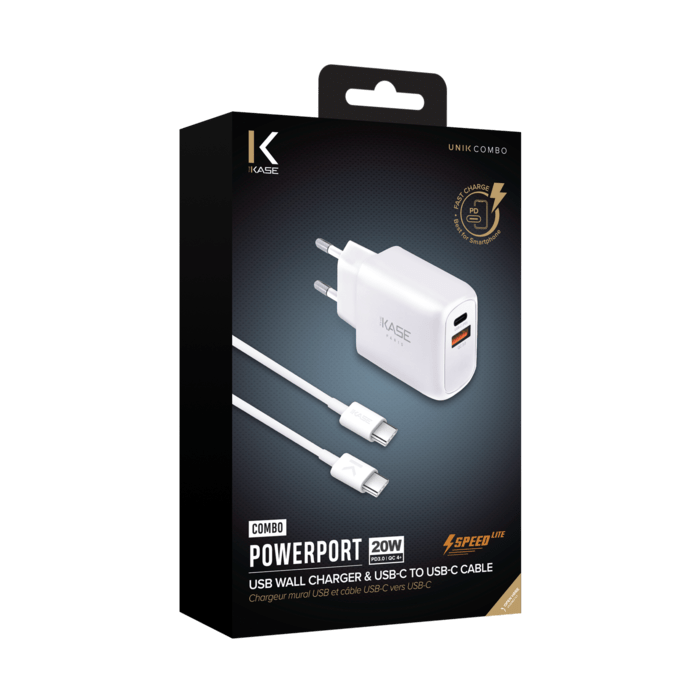 PowerPort Speed LITE Caricabatteria da parete UE Dual USB da 20 W + cavo di ricarica/sincronizzazione rapido da USB-C a USB-C, bianco