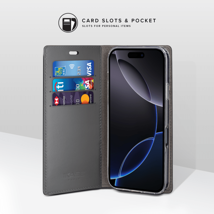 Diarycase 2.0 Coque clapet en cuir v&eacute;ritable avec support aimant&eacute; et fabriqu&eacute; avec un &eacute;tui en plastique recycl&eacute; pour Apple iPhone 16 Pro, Noir Minuit