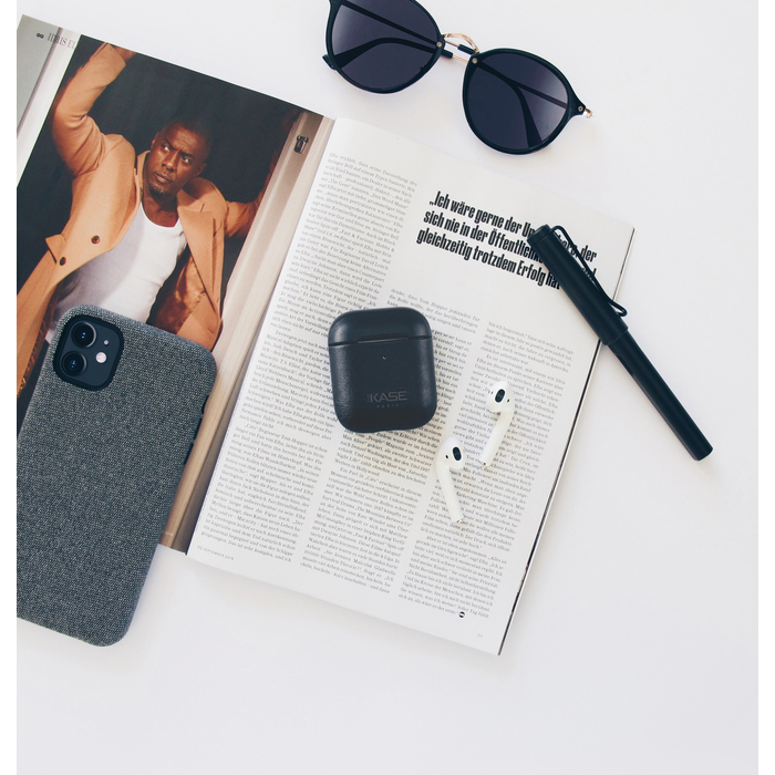 Coque Apple AirPods artisanale en cuir véritable, Noir Satin