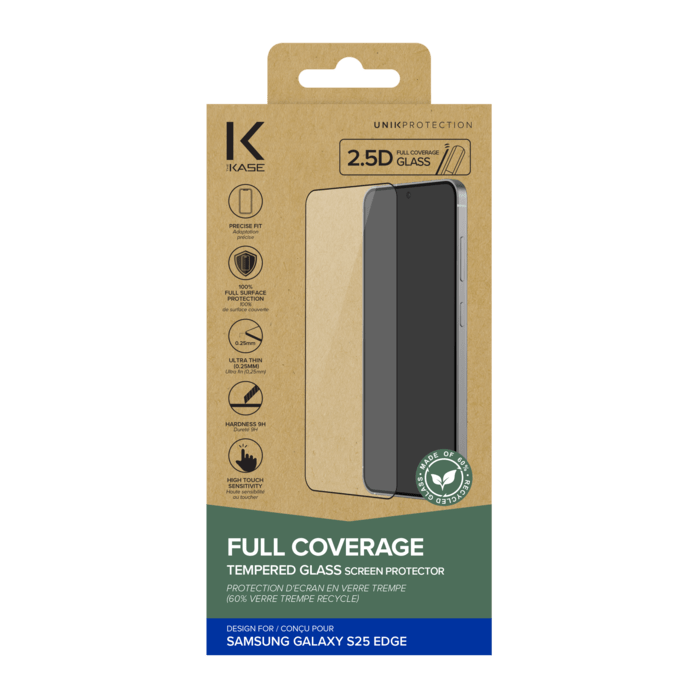 Protection d'&eacute;cran en verre tremp&eacute; (60% verre tremp&eacute; recycl&eacute;) pour Samsung Galaxy S25 Edge, Noir