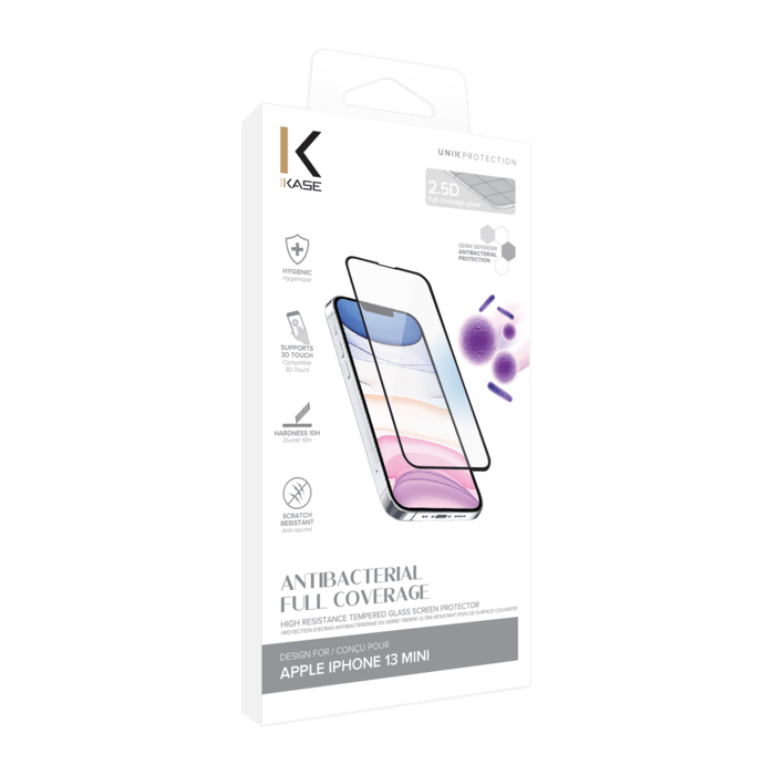 Protection d&rsquo;&eacute;cran antibact&eacute;rienne en verre tremp&eacute; ultra-r&eacute;sistant (100% de surface couverte) pour Apple iPhone 13 mini, Noir