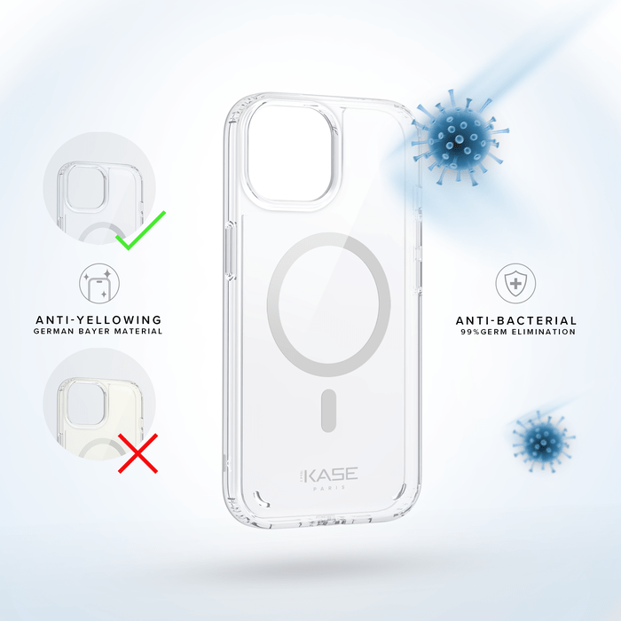 Coque antibact&eacute;rienne antichoc magn&eacute;tique invisible pour Apple iPhone 15, Transparente