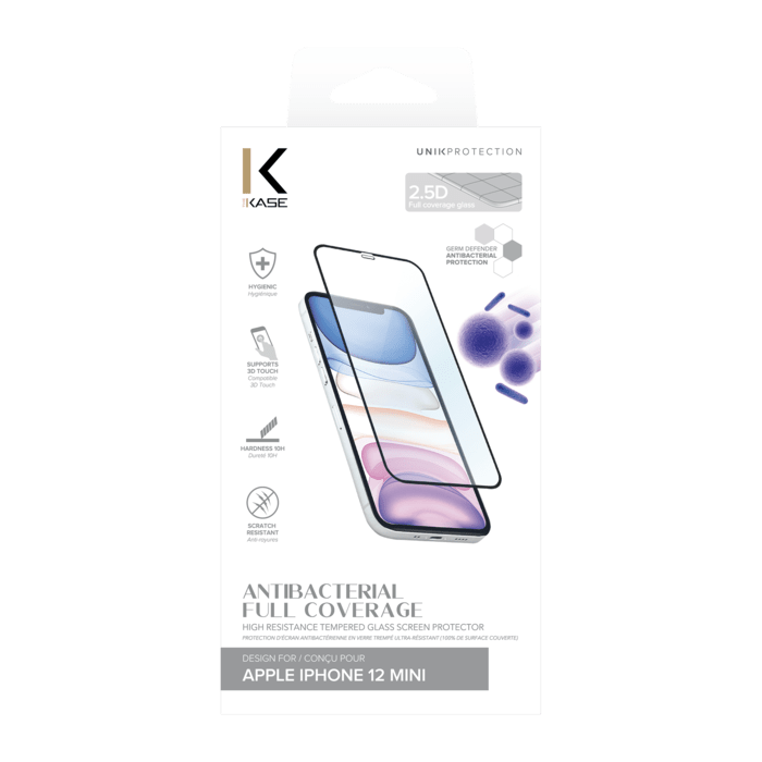 Protection d&rsquo;&eacute;cran antibact&eacute;rienne en verre tremp&eacute; ultra-r&eacute;sistant (100% de surface couverte) pour Apple iPhone 12 mini, Noir