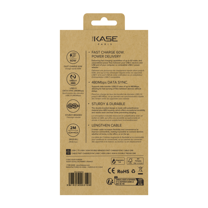 USB-C To USB-C 60W Double-Braided Fast Charge/Sync Cable (2M), White