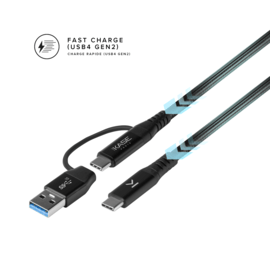 C&acirc;ble tress&eacute; m&eacute;tallique 2-en-1 USB-A & C vers USB-C (USB4 GEN2) fabriqu&eacute; avec des plastiques 100% recycl&eacute;s (1,2M)