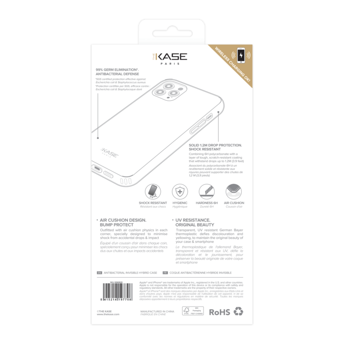 Coque antibact&eacute;rienne hybride invisible pour iPhone 12/12 Pro, Transparente
