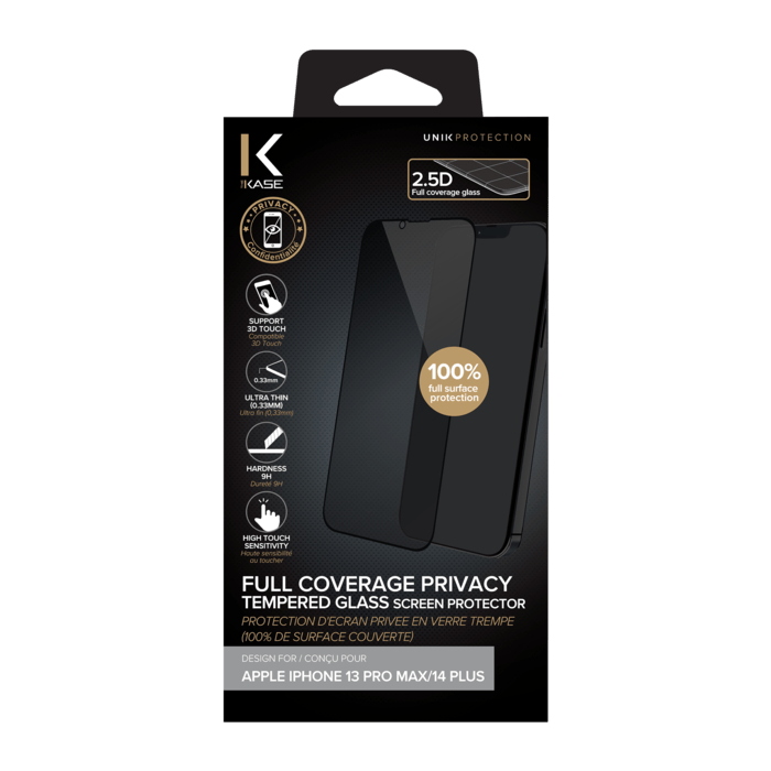 Protection d'&eacute;cran Priv&eacute;e en verre tremp&eacute; (100% de surface couverte) pour Apple iPhone 13 Pro Max/ 14 Plus, Noir