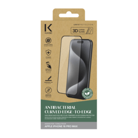 Protection d&rsquo;&eacute;cran antibact&eacute;rienne en verre tremp&eacute; ultra-r&eacute;sistant &agrave; bords incurv&eacute;s (60% verre tremp&eacute; recycl&eacute;) pour Apple iPhone 16 Pro Max, Noir
