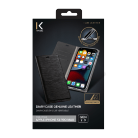 Diarycase 2.0 Coque clapet en cuir v&eacute;ritable avec support aimant&eacute; pour Apple iPhone 13 Pro Max, Minuit Noir