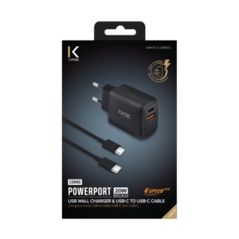 Chargeur mural PowerPort Speed LITE 20 W double USB UE + c&acirc;ble de charge/synchronisation rapide USB-C vers USB-C, noir