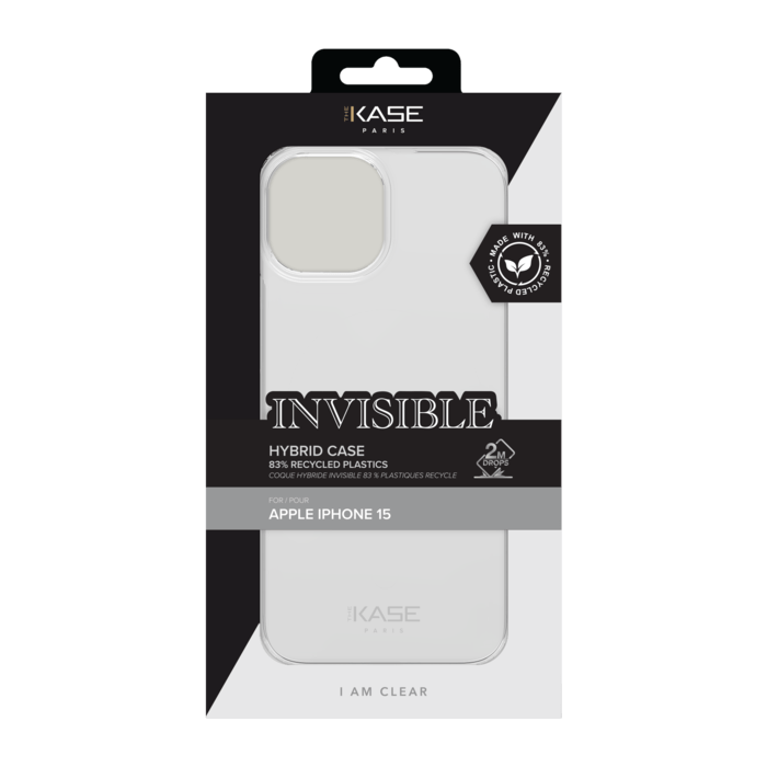 Coque hybride invisible fabriqu&eacute;e &agrave; 83 % de plastique recycl&eacute; pour Apple iPhone 15, transparente