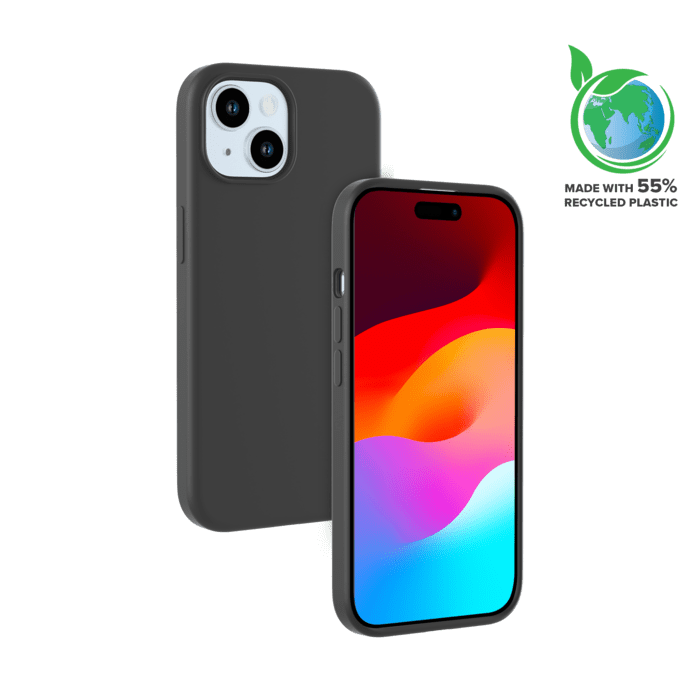 Coque antichoc en gel de silicone doux pour 55% de plastique recyclé Apple iPhone 15, Noir satin