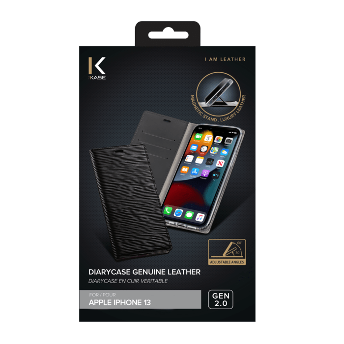 Diarycase 2.0 Coque clapet en cuir v&eacute;ritable avec support aimant&eacute; pour Apple iPhone 13, Noir Minuit