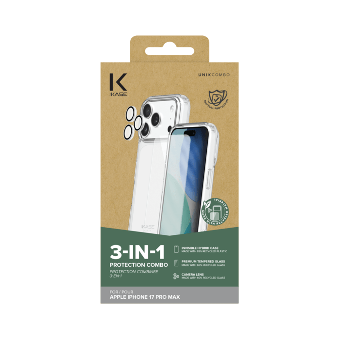 Pack combin&eacute; 3 en 1: Coque hybride invisible, &Eacute;cran en verre tremp&eacute; de qualit&eacute; sup&eacute;rieure et  Protecteur de l&rsquo;objectif de la cam&eacute;ra pour Apple iPhone 17 Pro Max, Transparente