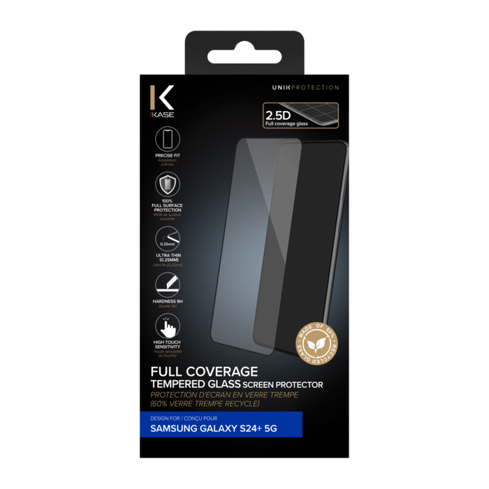 Protection d'&eacute;cran en verre tremp&eacute; (60% verre tremp&eacute; recycl&eacute;) pour Samsung Galaxy S24+ 5G, Noir