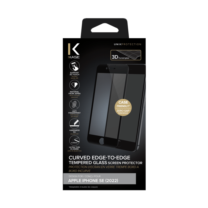 Protection d'&eacute;cran en verre tremp&eacute; Bord &agrave; Bord Incurv&eacute; pour Apple iPhone SE 2022, Noir