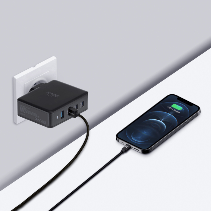 Chargeur secteur mural universel GaN UE quad USB PowerPort Hyper Rapide 100W, Noir