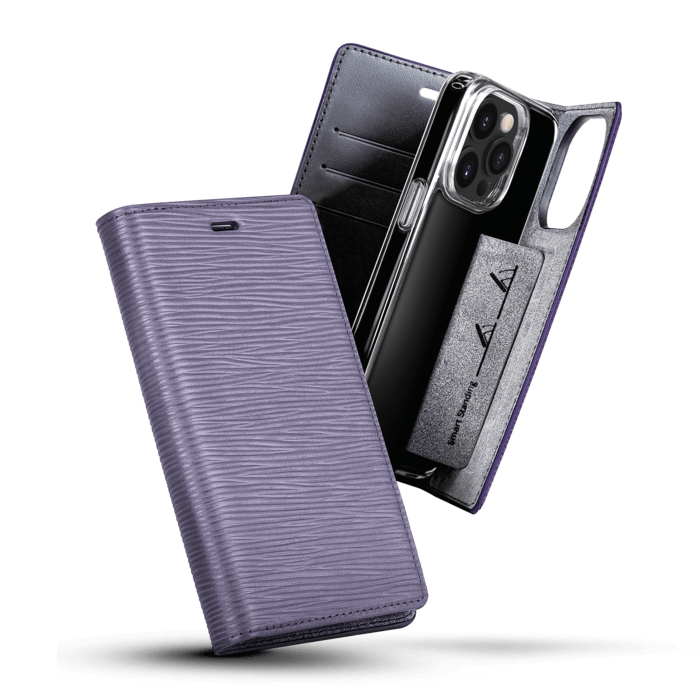 Diarycase 2.0 Coque clapet en cuir v&eacute;ritable avec support aimant&eacute; pour Apple iPhone 14 Pro, Vesper Violet