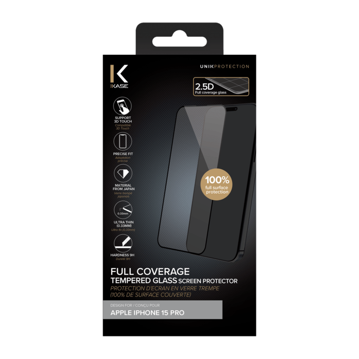 Protection d'écran en verre trempé (100% de surface couverte) pour Apple iPhone 15 Pro, Noir