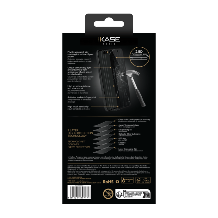 Protection d'écran Privée en verre trempé (100% de surface couverte) pour Apple iPhone 15 Pro Max, Noir