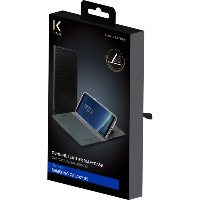 Diarycase Coque clapet en cuir v&eacute;ritable avec support aimant&eacute; pour Samsung Galaxy S9 , Noir L&eacute;zard