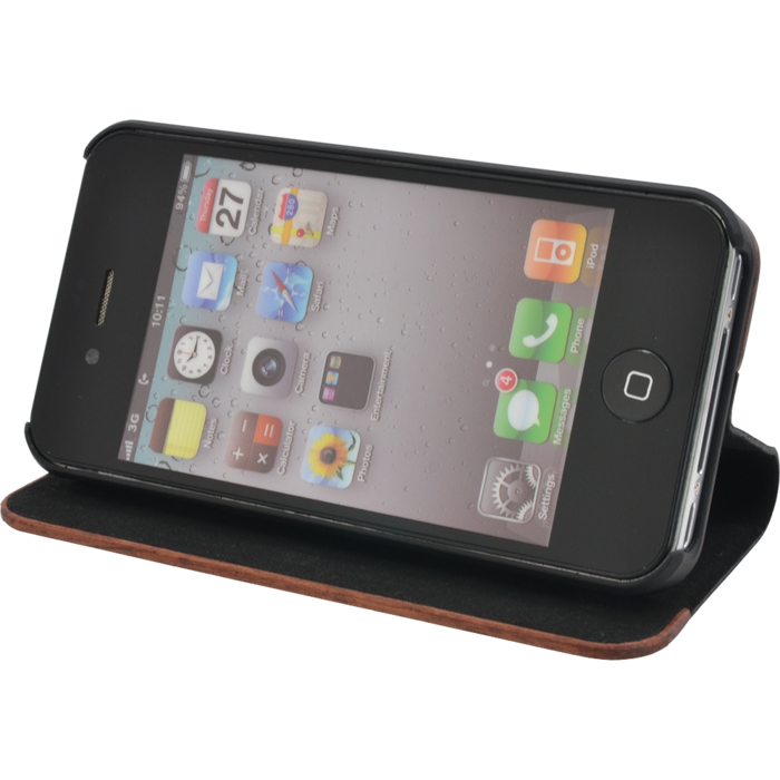 Coque clapet pour Apple iPhone 4/4S, bois rose et litchi faux cuir noir