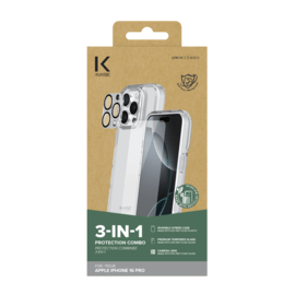 Pack combin&eacute; 3 en 1 (Coque Hybride Invisible, &Eacute;cran en Verre Tremp&eacute; de Qualit&eacute; Sup&eacute;rieure et Protecteur de l&rsquo;objectif de la cam&eacute;ra) pour Apple iPhone 16 Pro, Transparente