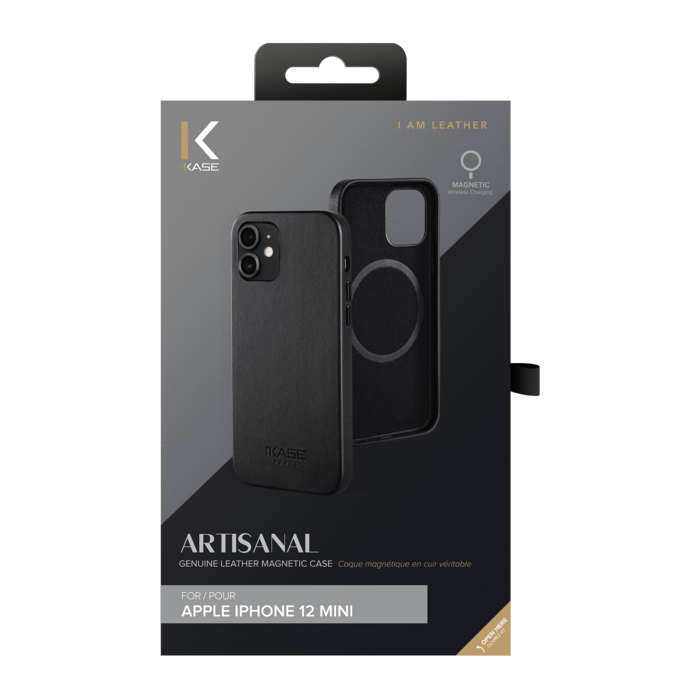 Coque magn&eacute;tique en cuir v&eacute;ritable artisanal pour Apple iPhone 12 mini, Minuit Noir