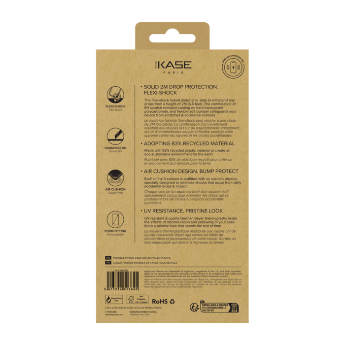 Coque hybride invisible fabriqu&eacute;e &agrave; 83 % de plastique recycl&eacute; pour Apple iPhone 16e/17e, transparente