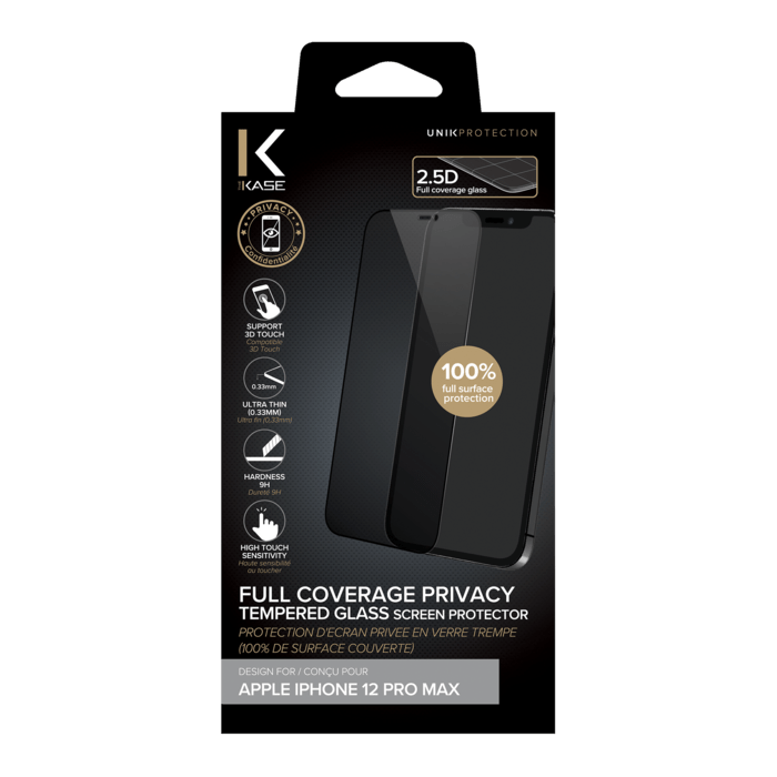 Protection d'&eacute;cran Priv&eacute;e en verre tremp&eacute; (100% de surface couverte) pour Apple iPhone 12 Pro Max, Noir