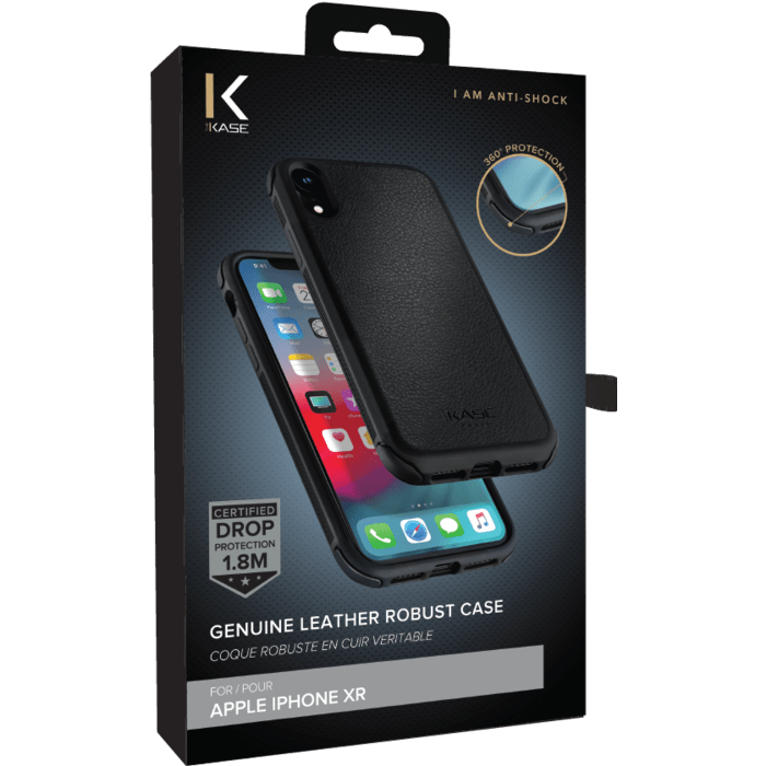 Coque robuste en cuir v&eacute;ritable pour iPhone XR, Noir de jais
