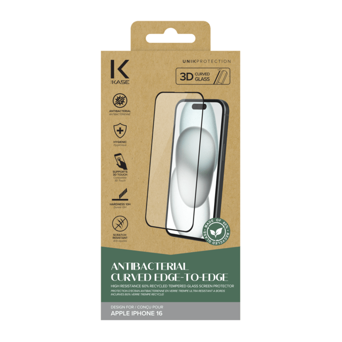 Protection d&rsquo;&eacute;cran antibact&eacute;rienne en verre tremp&eacute; ultra-r&eacute;sistant &agrave; bords incurv&eacute;s (60% verre tremp&eacute; recycl&eacute;) pour Apple iPhone 16, Noir