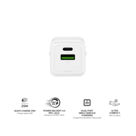 Chargeur Mural Double Port Supreme PowerLite GaN Fabriqu&eacute; Avec du 100% Plastique Recycl&eacute; - 25W (PPS), Blanc