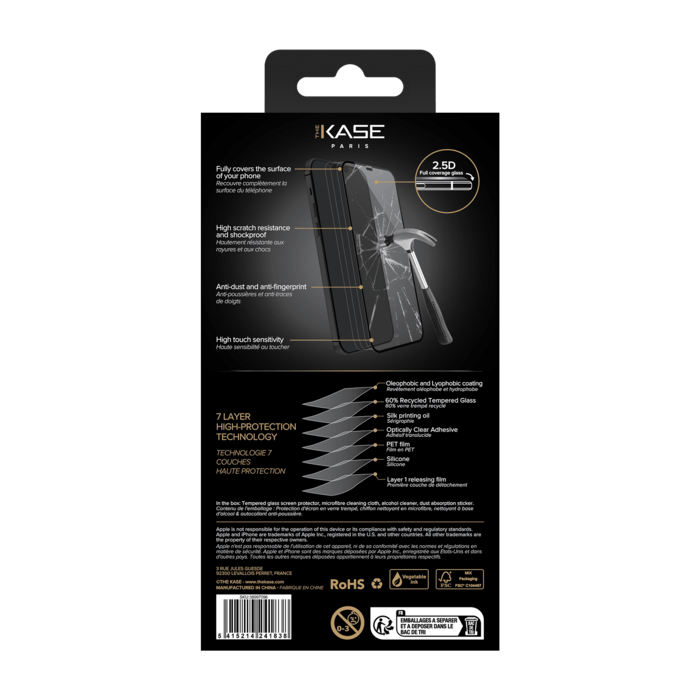 Protection d'&eacute;cran en verre tremp&eacute; (60% verre tremp&eacute; recycl&eacute;) pour Apple iPhone 12/12 Pro, Noir