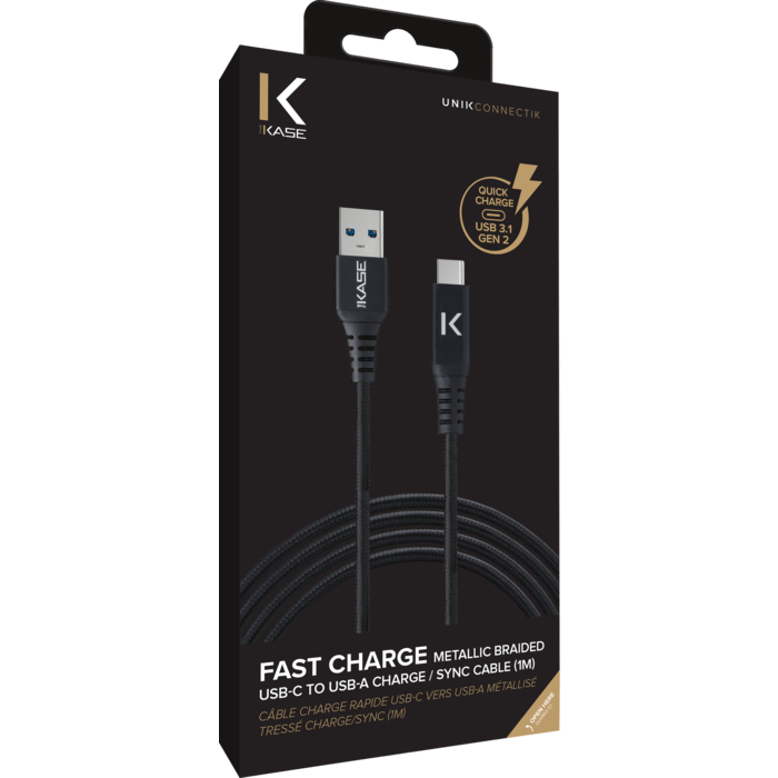 C&acirc;ble USB 3.1 Gen 2 charge rapide USB-C vers USB-A m&eacute;tallis&eacute; tress&eacute; Charge/sync (1M), Noir