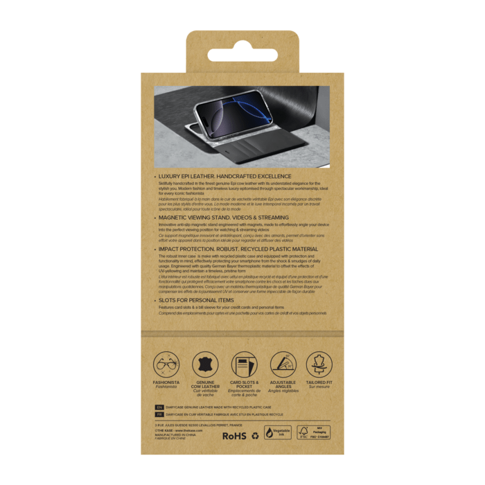 Diarycase 2.0 Coque clapet en cuir v&eacute;ritable avec support aimant&eacute; et fabriqu&eacute; avec un &eacute;tui en plastique recycl&eacute; pour Apple iPhone 16 Pro, Noir Minuit