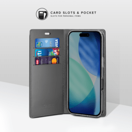 Diarycase 2.0 Coque clapet en cuir véritable avec support aimanté et fabriqué avec un étui en plastique recyclé pour Apple iPhone 17, Noir Minuit