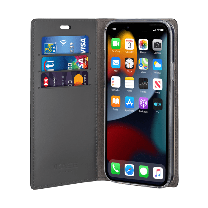 Diarycase 2.0 Coque clapet en cuir véritable avec support aimanté pour Apple iPhone 13 Pro, Noir Minuit