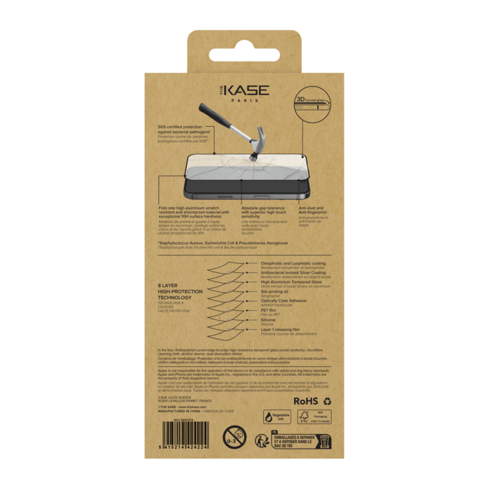 Protection d&rsquo;&eacute;cran antibact&eacute;rienne en verre tremp&eacute; ultra-r&eacute;sistant &agrave; bords incurv&eacute;s (60% verre tremp&eacute; recycl&eacute;) pour Apple iPhone 17 Pro, Noir