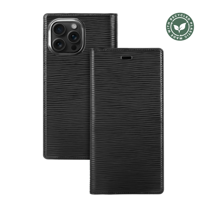 Diarycase 2.0 Coque clapet en cuir v&eacute;ritable avec support aimant&eacute; et fabriqu&eacute; avec un &eacute;tui en plastique recycl&eacute; pour Apple iPhone 16 Pro, Noir Minuit