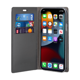 Diarycase 2.0 Coque clapet en cuir v&eacute;ritable avec support aimant&eacute; pour Apple iPhone 13, Noir Minuit