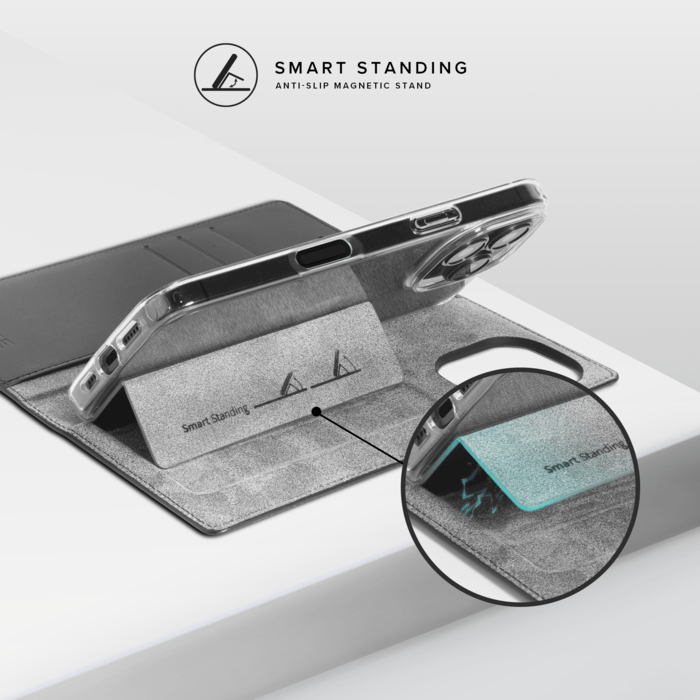 Diarycase 2.0 Coque clapet en cuir v&eacute;ritable avec support aimant&eacute; et fabriqu&eacute; avec un &eacute;tui en plastique recycl&eacute; pour Apple iPhone 16 Pro, Noir Minuit