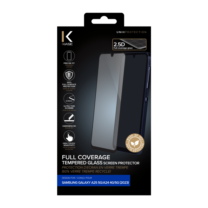 Protection d'&eacute;cran en verre tremp&eacute; (60% verre tremp&eacute; recycl&eacute;) pour Samsung Galaxy A25 5G/ A24 4G/ 5G 2023, Noir