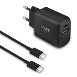 Chargeur mural PowerPort Speed LITE 20 W double USB UE + câble de charge/synchronisation rapide USB-C vers USB-C, noir