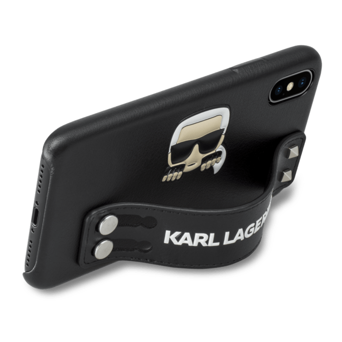Coque Karl Lagerfeld clout&eacute;e avec dragonne int&eacute;gr&eacute;e et support pour Apple iPhone X/XS, Noir